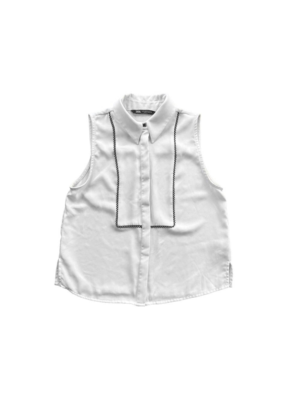 White Sleeveless Button-Down Blouse with Black Contrast Trim | Size XS